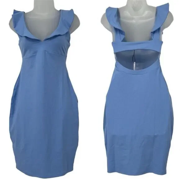 Susana Monaco Vista Blue Stretch Bodycon Ruffle Strap Open Cutout Back Dress M - Picture 10 of 10